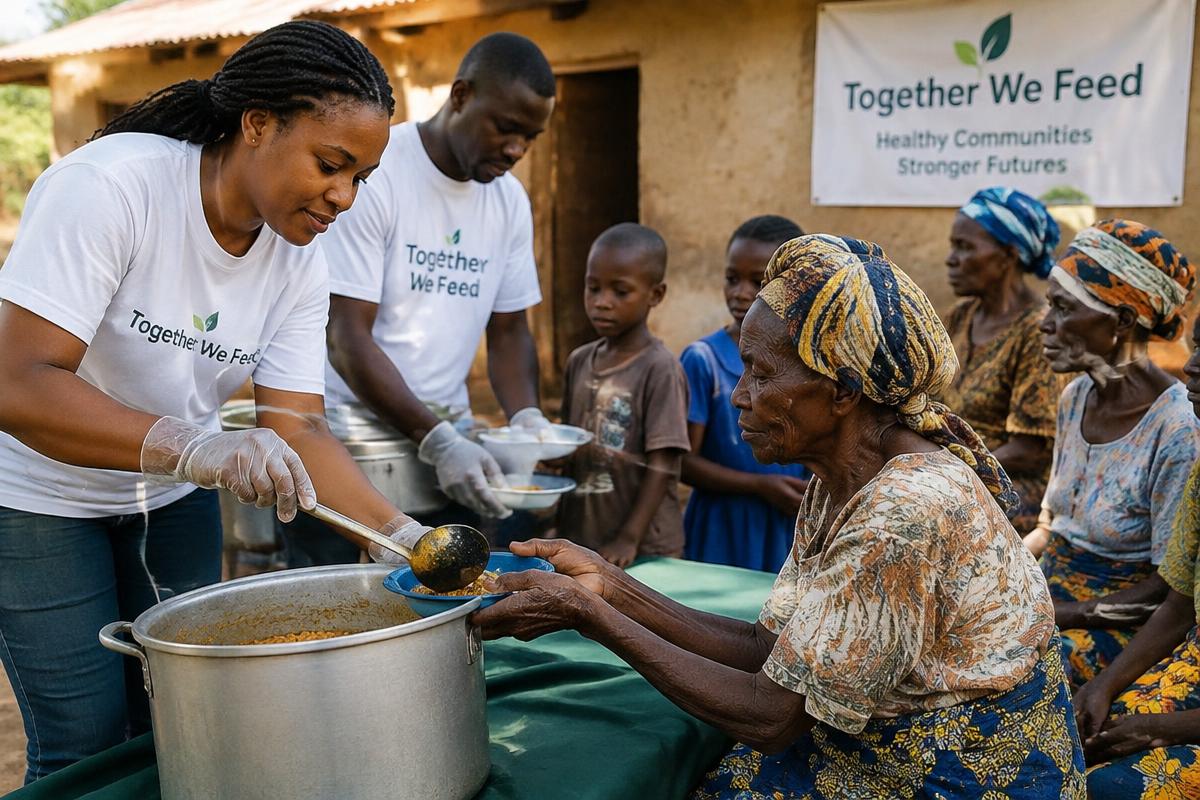 Volunteers serving meals to elderly residents